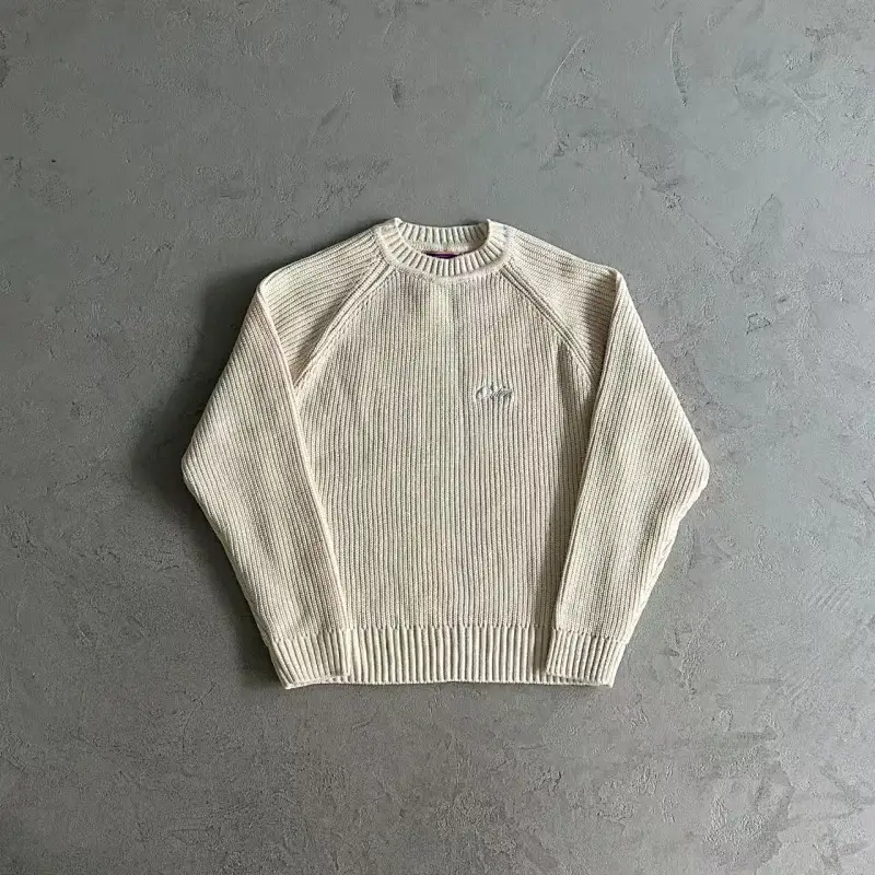 Needles Off - White Ribbed Knit Crew Neck Raglan Sleeve Sweater with Embroidered Logo