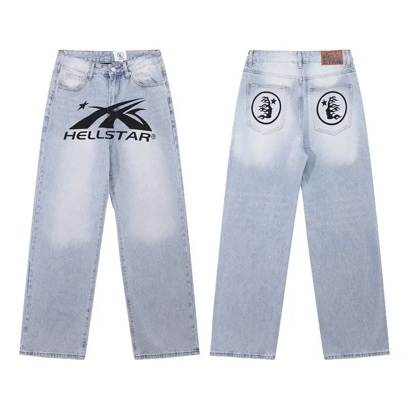 HELLSTAR Light Blue Wide - Leg Jeans with Front Logo & Back Pocket Graphics