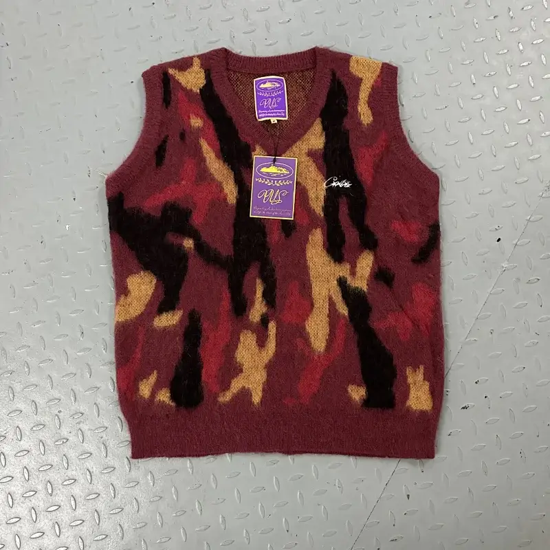 Needles Burgundy Knit Vest with Abstract Human - Camouflage Pattern
