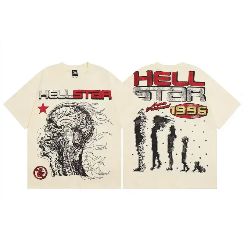 HELLSTAR Cream T - Shirt with Brain - Head Graphic & 1996 Growth Silhouettes