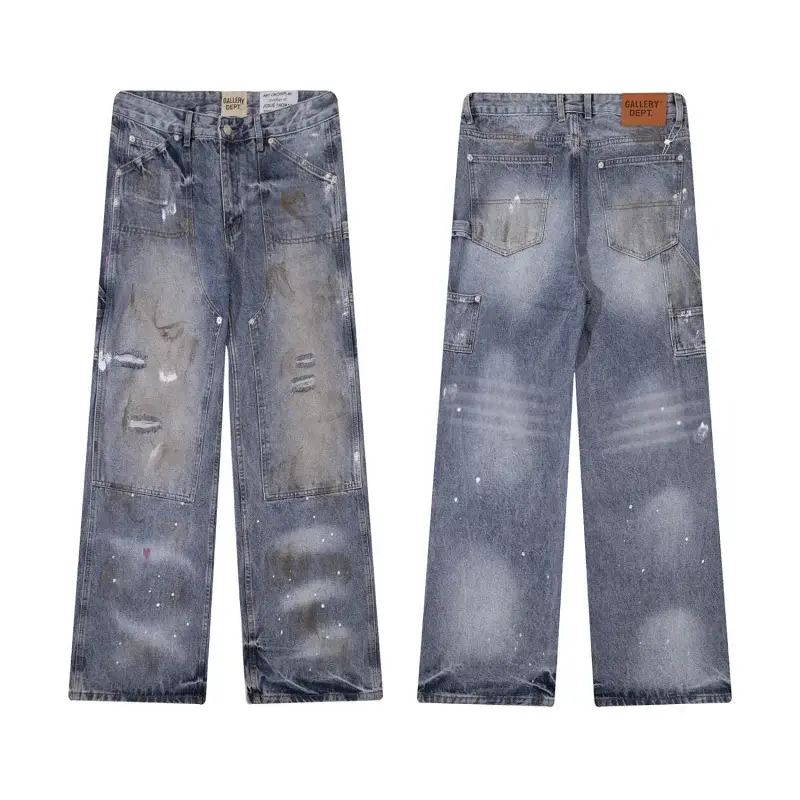 GALLERY DEPT. Blue Distressed Paint - Splatter Wide - Leg Jeans with Multiple Pockets