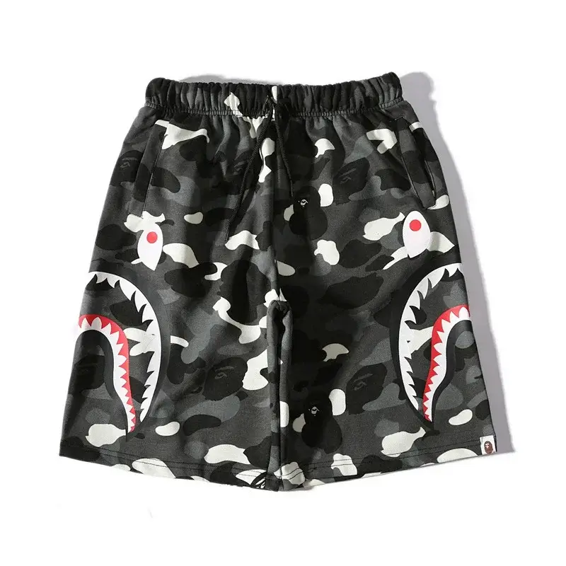 BAPE Black and Gray Camouflage Shark Mouth Pattern Drawstring Shorts