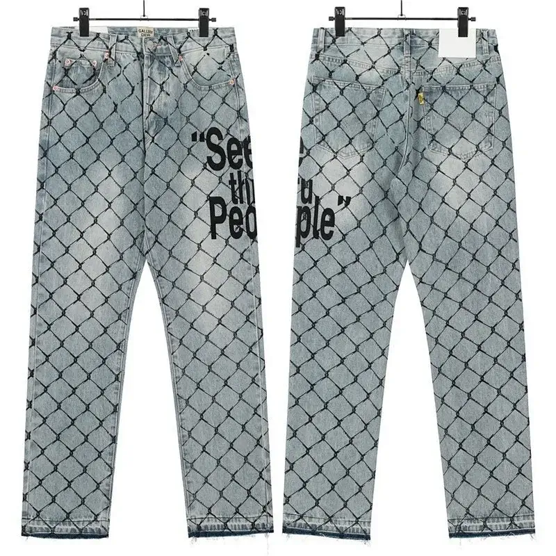 CACTUS Light Blue Jeans with Chain - Link Fence Pattern & Text Print