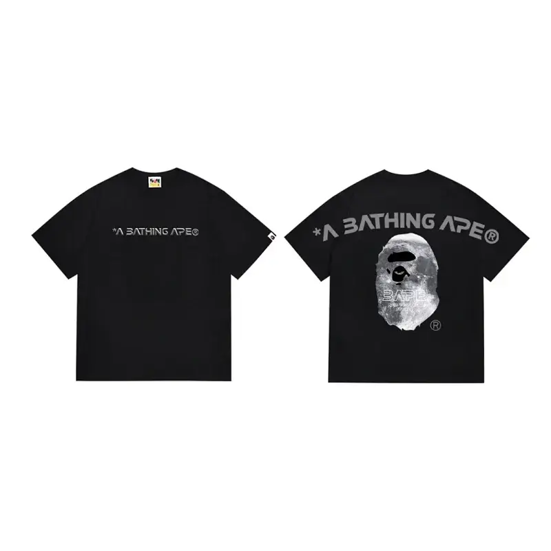 A BATHING APE Black T - Shirt with Front Brand Logo & Back Moon - Textured Ape Head Graphic