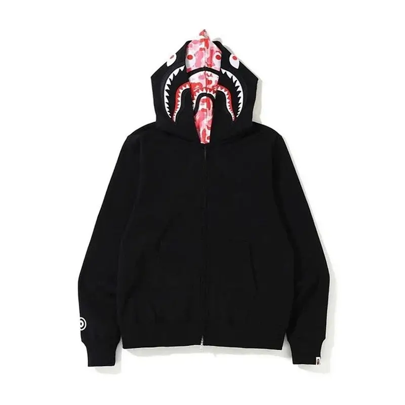 BAPE Black Shark Hoodie Zip - Up Sweatshirt with Pink Camo Lining, Pocket & Logo Cuff