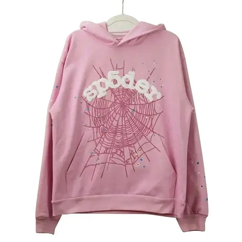 Sp5der Pink Hoodie with Spider Web Print, "sp5der" Text & Decorative Spots
