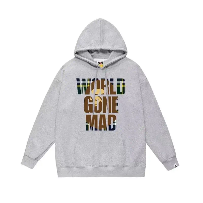BAPE Gray Hoodie with "WORLD GONE MAD" Graphic & Plaid Details