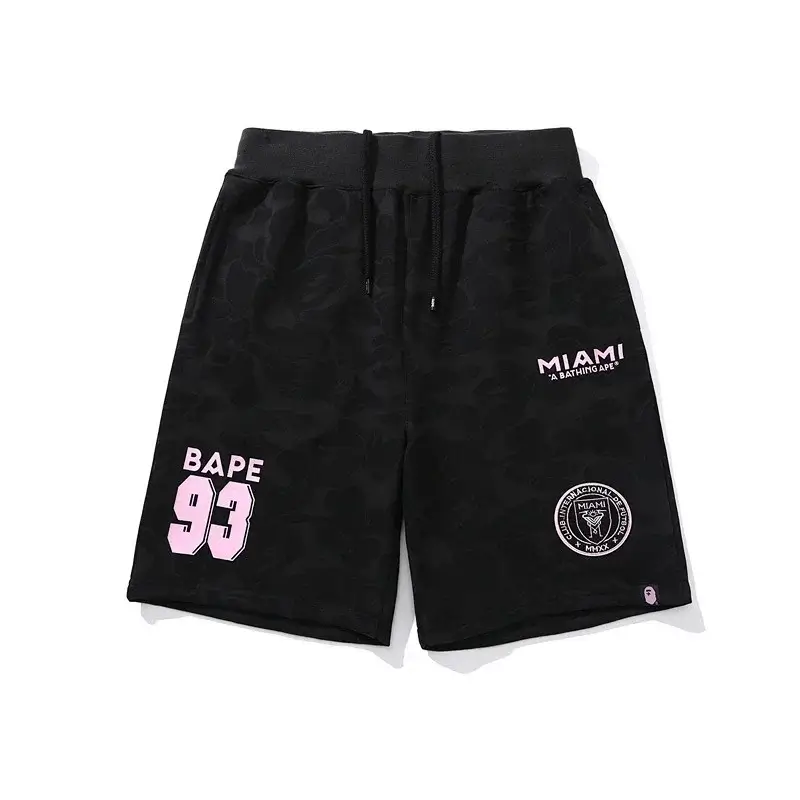 BAPE Black Camouflage Shorts with "MIAMI", "BAPE 93" Prints & Ape Head Detail