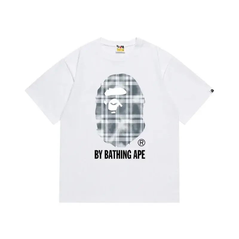 BAPE White T - Shirt with Plaid Ape Head & "BY BATHING APE" Print