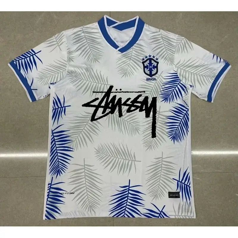 Stussy White Football Jersey with Blue & Gray Palm Leaf