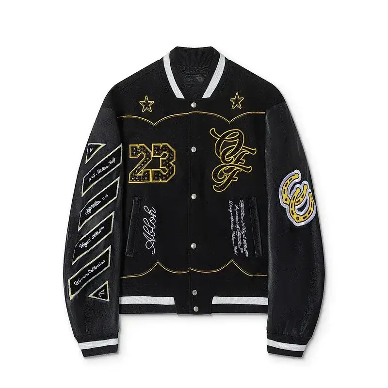 OFF-WHITE Black Varsity Jacket with Embroidered Details