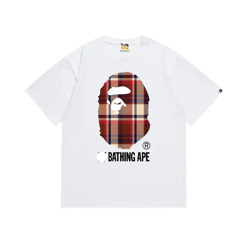 BATHING APE White T - Shirt with Plaid Ape Head Graphic and BATHING APE Logo