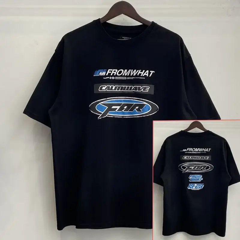 FROMWHAT Black T - Shirt with Front and Back Printed Logos (CALMWAVE, FOR) & Text