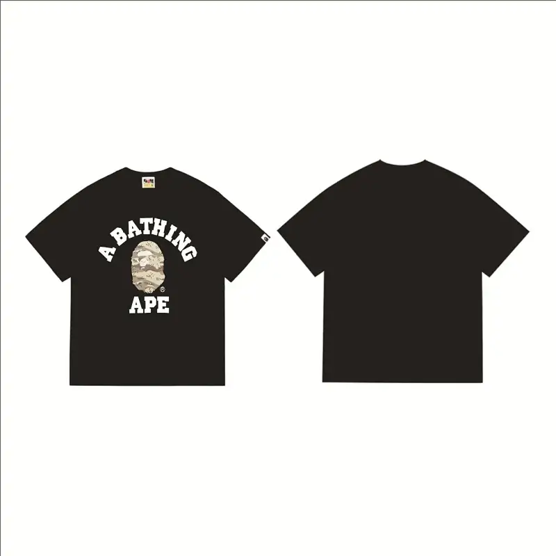 A BATHING APE Black Short - Sleeve T - Shirt with Camo Ape Head Logo and "A BATHING APE" Text