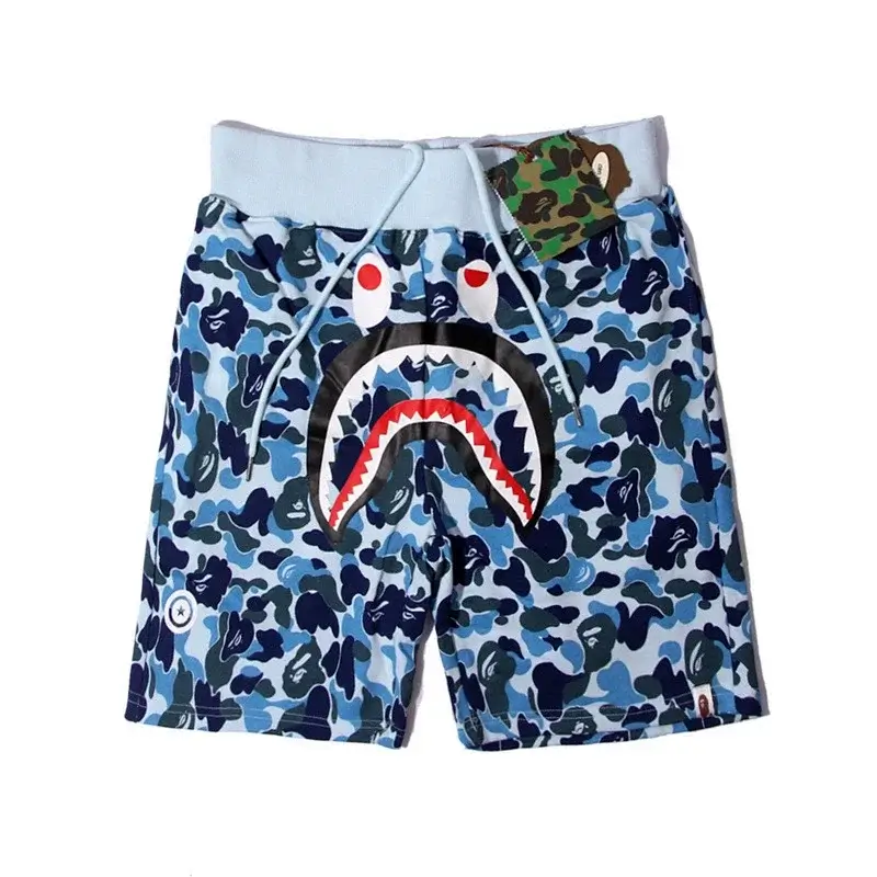 BAPE Blue Camouflage Shark Mouth Graphic Drawstring Shorts