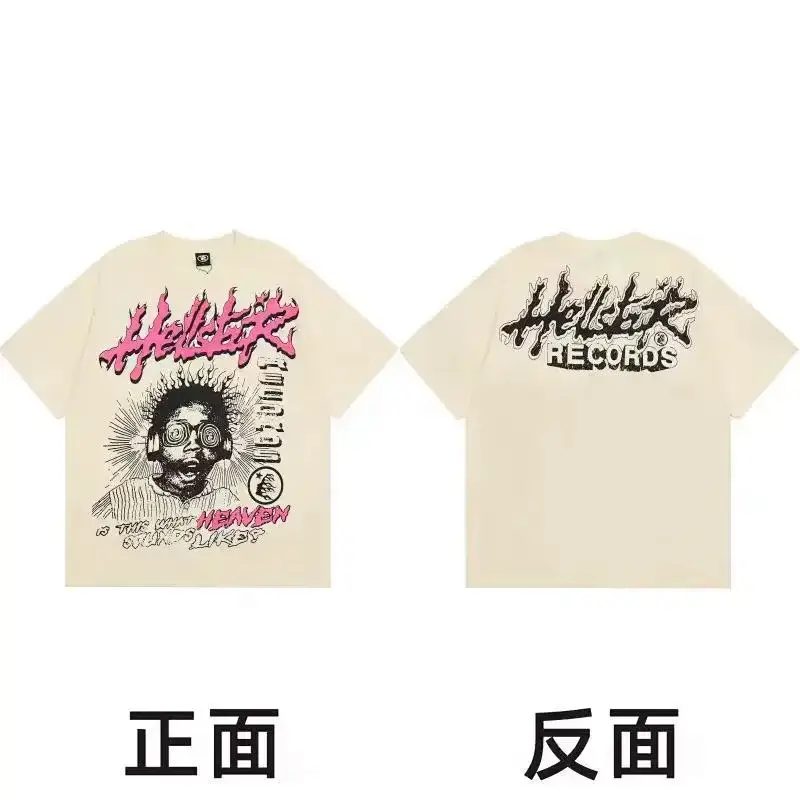HELLSTAR Beige Short - sleeved T - shirt with Front Cartoon Figure & Flame Text, Back "Hellstar RECORDS" Print