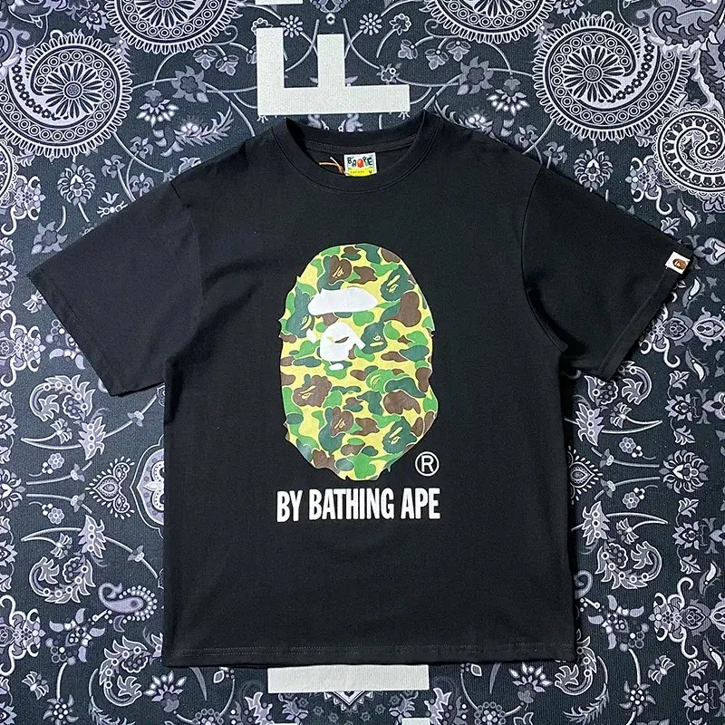BAPE Black T - Shirt with Camouflage Ape Head & "BY BATHING APE" Print