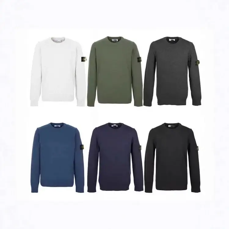Stone Island Crew Neck Knit Sweaters with Logo Sleeve Patch (White, Olive Green, Dark Gray, Blue, Navy, Black)