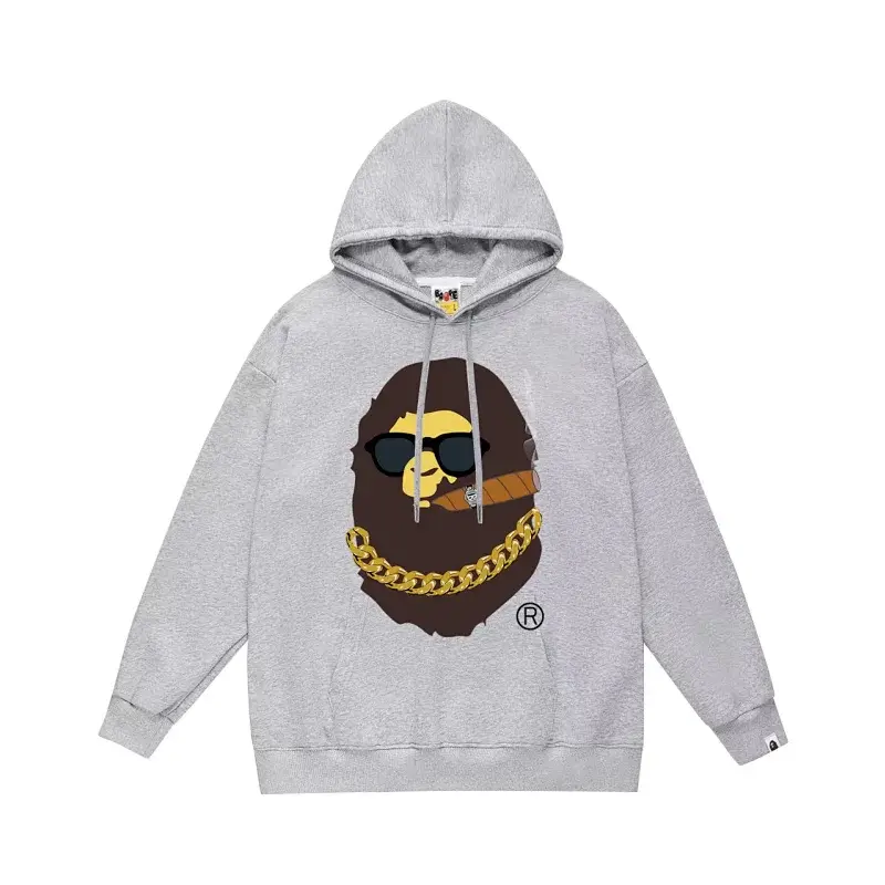 BAPE Gray Hoodie with Ape Head, Sunglasses, Cigar & Gold Chain