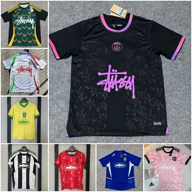 Stussy x PSG Black Soccer Jersey with Pink Graffiti Logo, Floral Pattern & Trim
