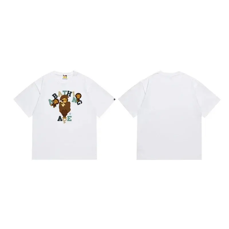 A BATHING APE White T - Shirt with Cartoon Ape & Brand Letter Print