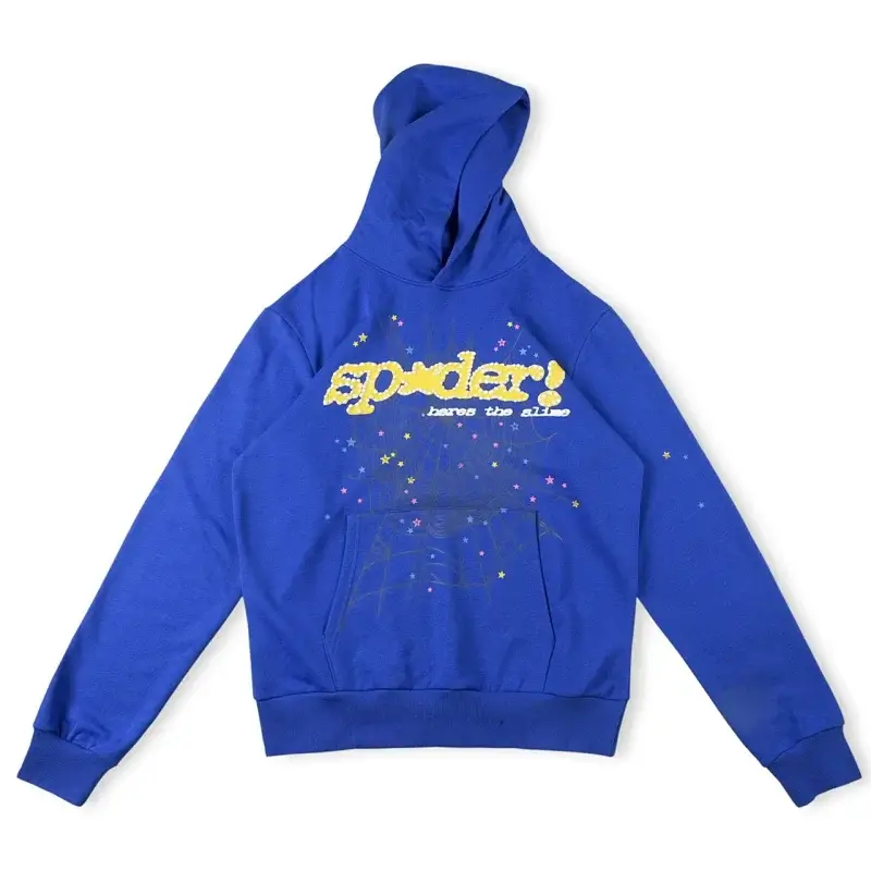 Spider Blue Hoodie with "spider! here's the slice" Print, Star & Spider Web Design