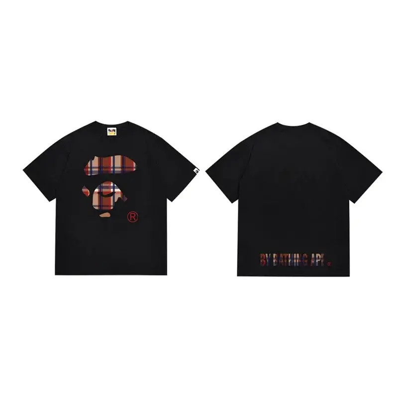 Bathing Ape Black T - Shirt with Plaid Ape Head & Back Text
