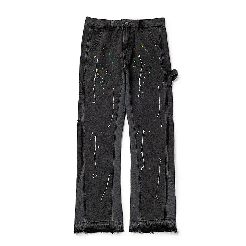 UrbanEdge Black Paint Splatter Wide Leg Denim Jeans with Distressed Hem