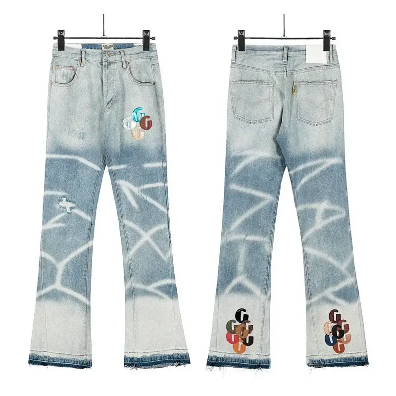 Gucci Light Blue Denim Jeans with Embroidered Double G Logos, Graffiti Print, Distressed & Frayed Flared Leg