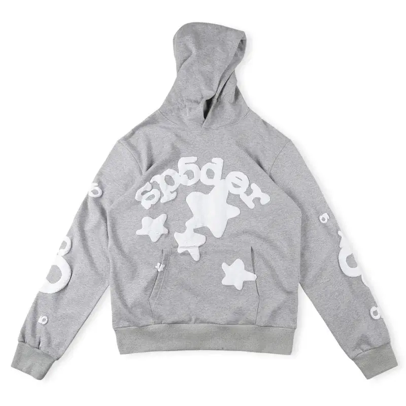 Sp5der Heather Gray Hoodie with Star & Logo Appliqués, Kangaroo Pocket