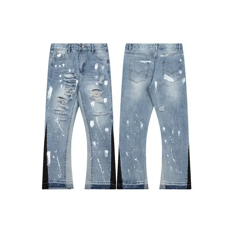 Trendy Denim Light Blue Distressed Paint - Splattered Jeans with Black Side Panels