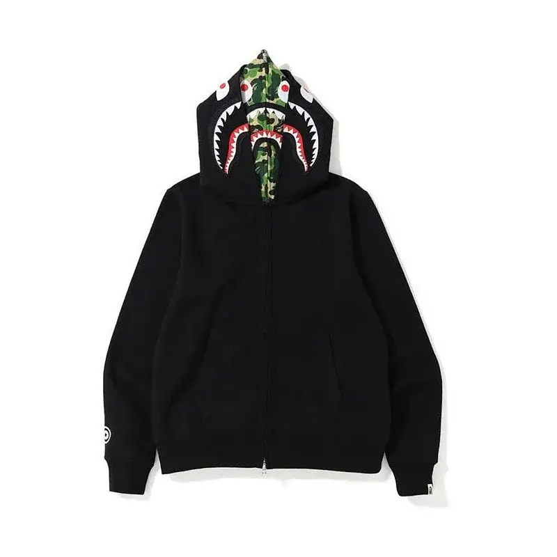 BAPE Black Shark Head Camouflage Lining Zip - Up Hoodie with Pocket & Sleeve Logo