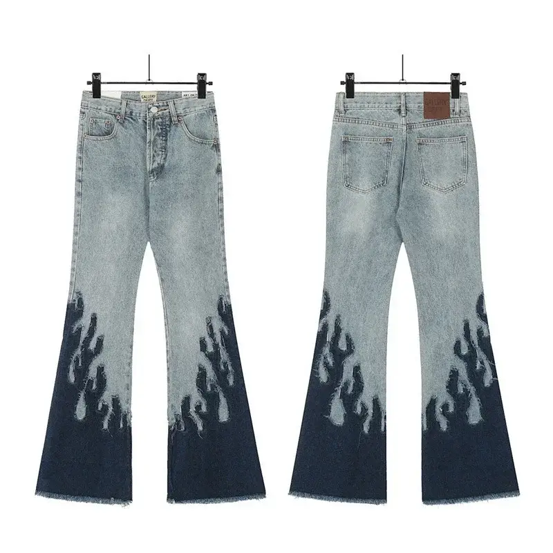 GALLERY Light Blue & Dark Blue Flame - Patterned Frayed Hem Flared Jeans