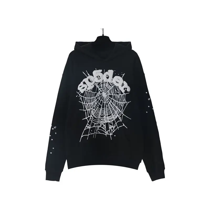 SP5DER Black Spider Web Graphic Hoodie with Star Details