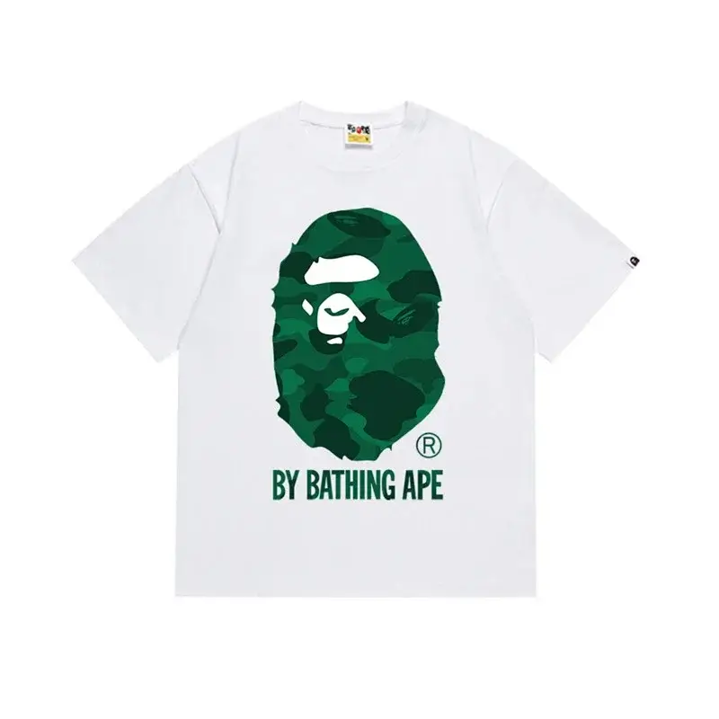 BAPE White T - Shirt with Green Camouflage Ape Head & "BY BATHING APE"