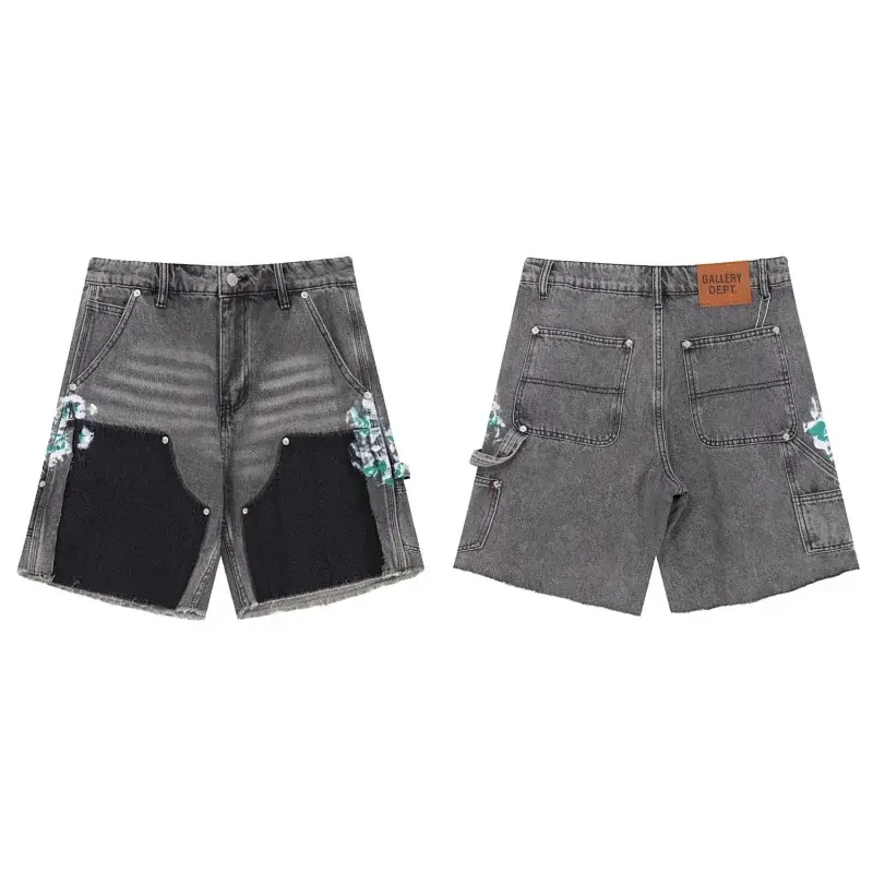 GALLERY DEPT. Gray Denim Shorts with Black Patches, Paint Splatters, Multiple Pockets & Frayed Hems