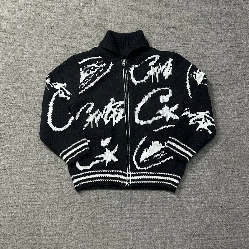 Chrome Hearts Black Jacquard Logo Zip - Up Cardigan with Turtleneck & Striped Ribbed Details