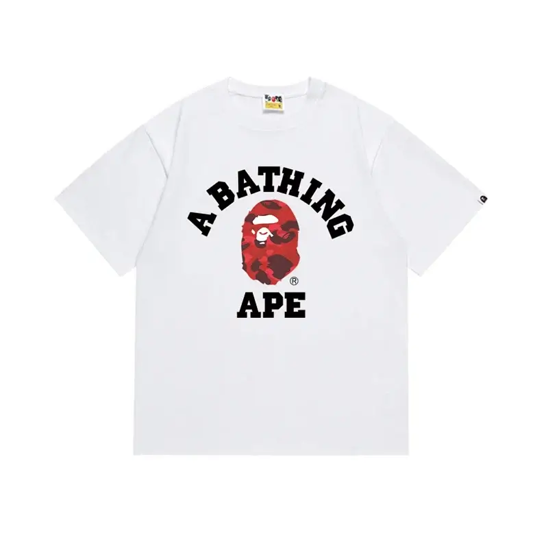 A BATHING APE White T - Shirt with Red Camo Ape Head & Logo Print