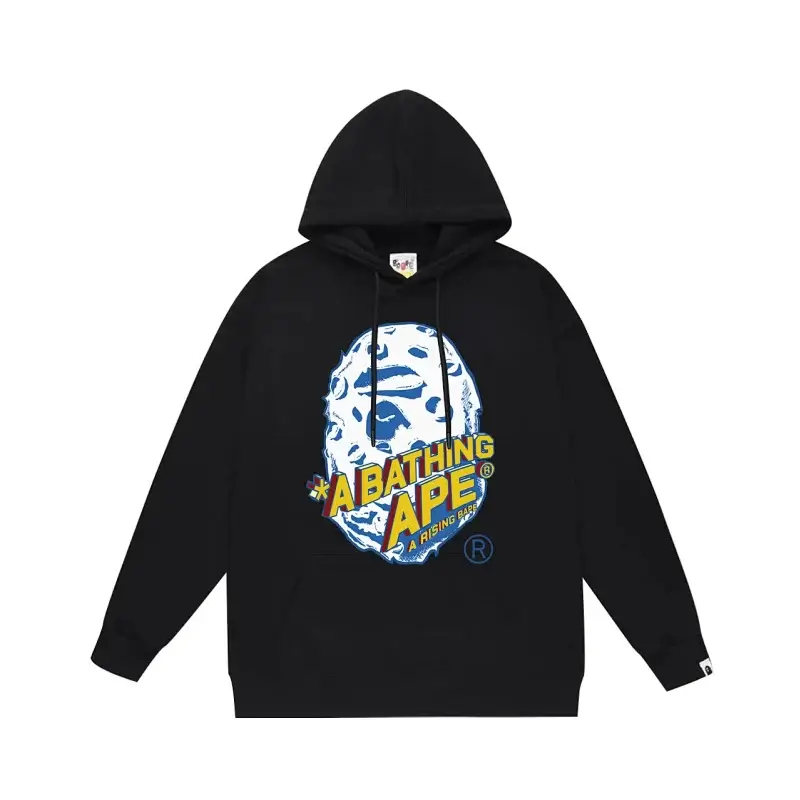 A BATHING APE Black Hoodie with Ape Head Graphic & Brand Text
