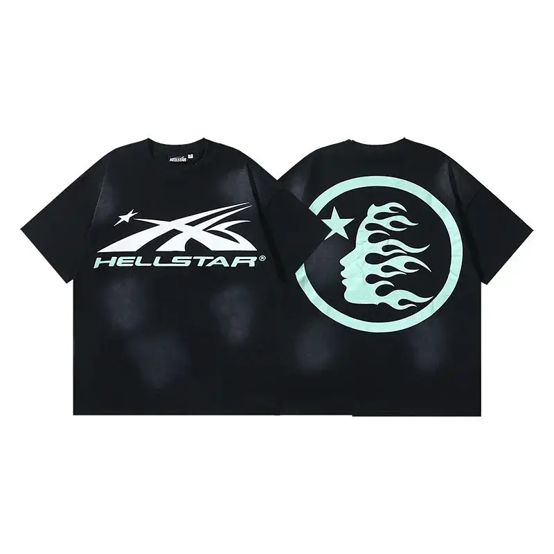 HELLSTAR Black Graphic Short - Sleeve T - Shirt (Front Logo & Back Flame - Faced Figure)