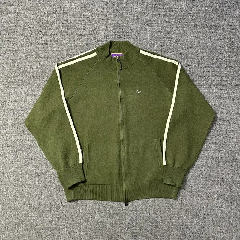 Calvin Klein Olive Green Zip - Up Track Jacket with White Stripes & Pockets