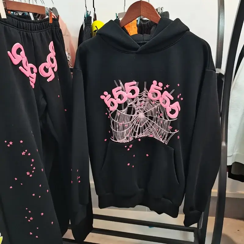 555 Black Hoodie with Pink 555 Print, Spider Web & Star Patterns