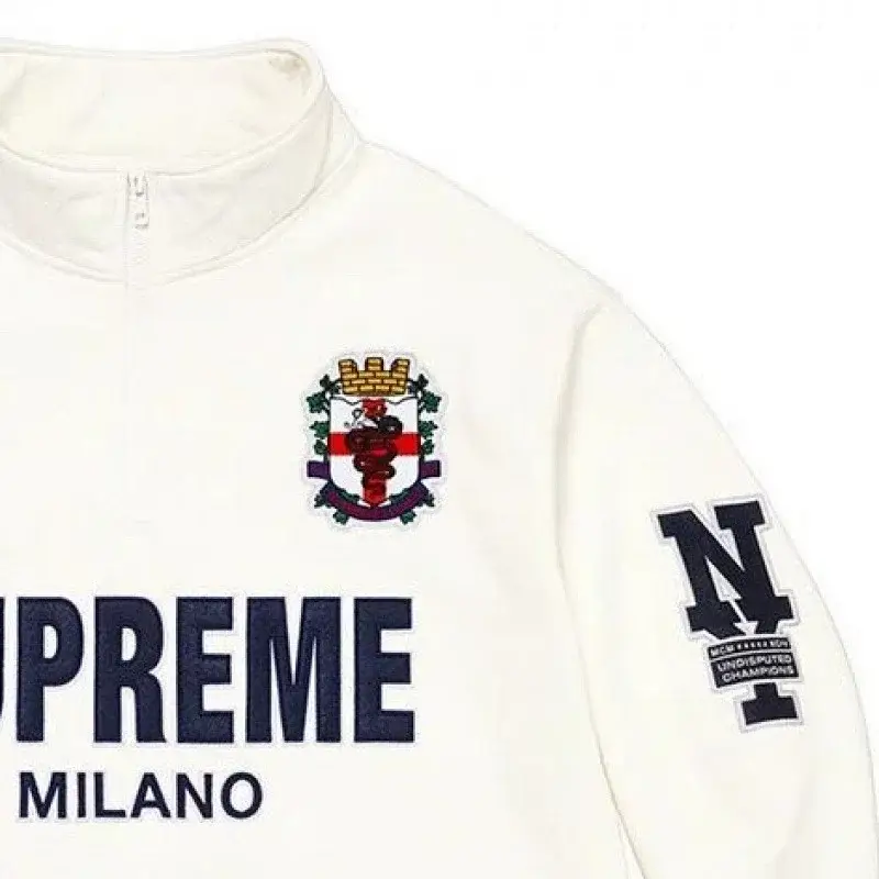 Supreme White Half - Zip Sweatshirt w/ Milano Logo, Crest & NY Patch
