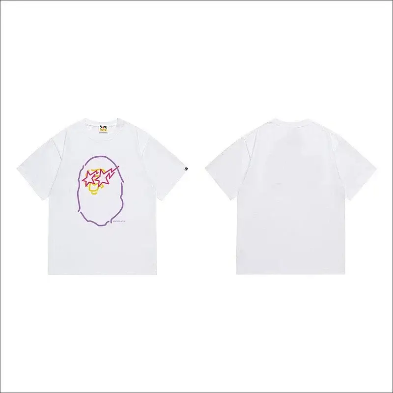 BAPE White T - Shirt with Front Ape - Head Outline, Stars & Lightning Graphic