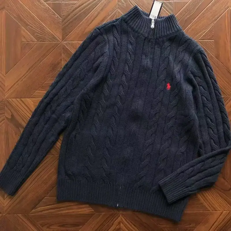 Polo Ralph Lauren  Navy Blue Cable Knit Quarter - Zip Mock Neck Sweater with Red Pony Logo