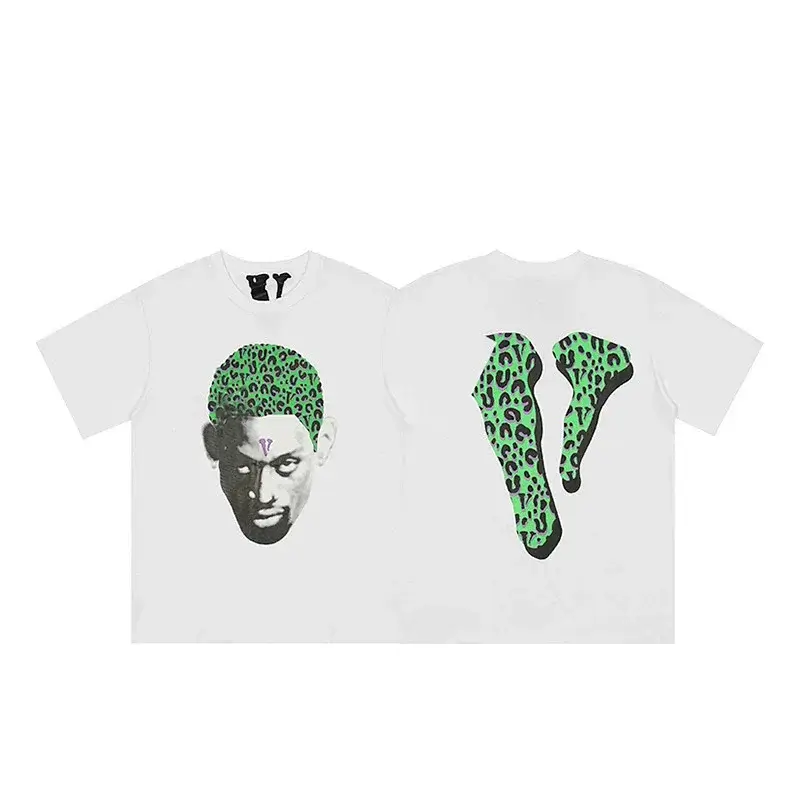 VLONE White T - Shirt with Rodman Portrait (Green Leopard - Print Hair) & Leopard - Print V Logo