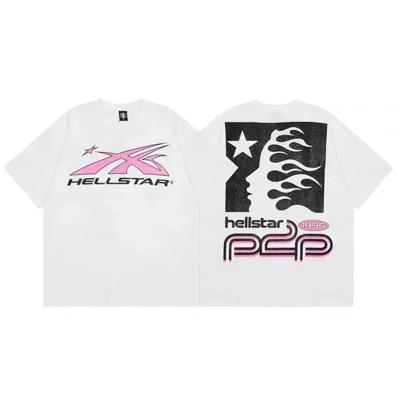 HELLSTAR White Short - Sleeve T - Shirt with Pink Front Logo & Back Graphic (Hellstar 1996 P2P Design)