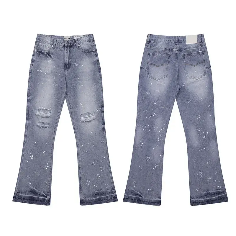 GALIEN Light Blue Ripped Paint - Splatter Flared Jeans