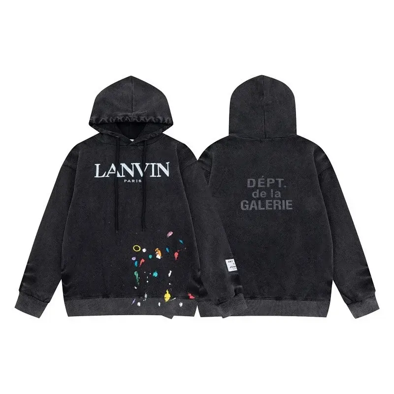 LANVIN Black Hooded Sweatshirt with Paint Splatter & Brand Logos
