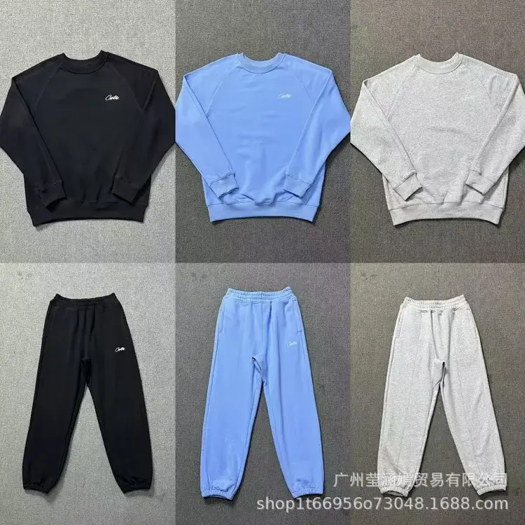 Corteiz Crewneck Sweatshirt + Jogger Sweatpants Set (Black/Light Blue/Gray) with Logo
